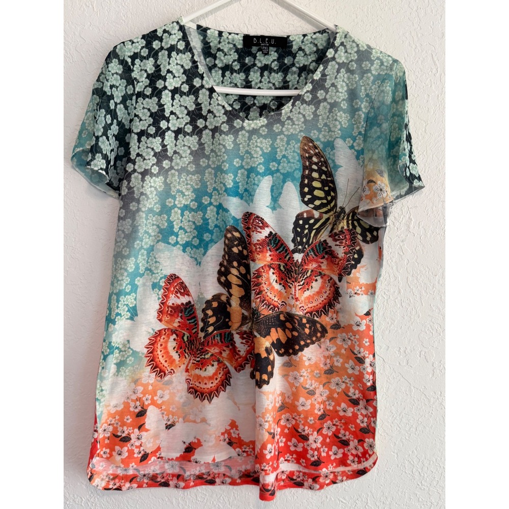 B.L.E.U. Petite Butterfly Floral Mesh Top V-Neck Short Sleeve PXL Multi-Color